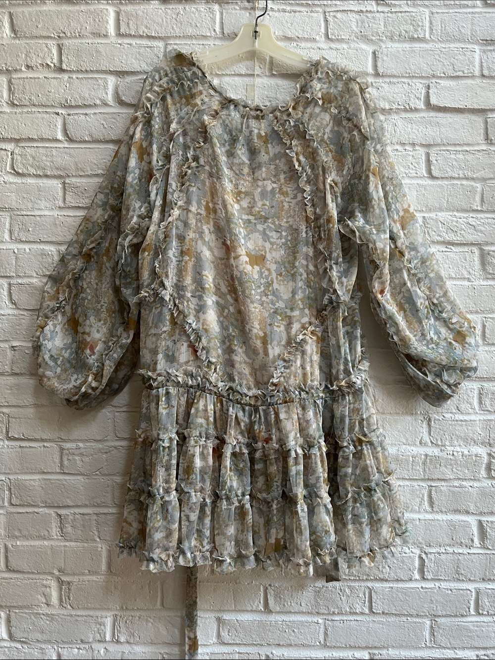 OPT Green Gray longsleeve V neck Chiffon mini dress Ruffle trim Adjustable ties - Picture 9 of 16
